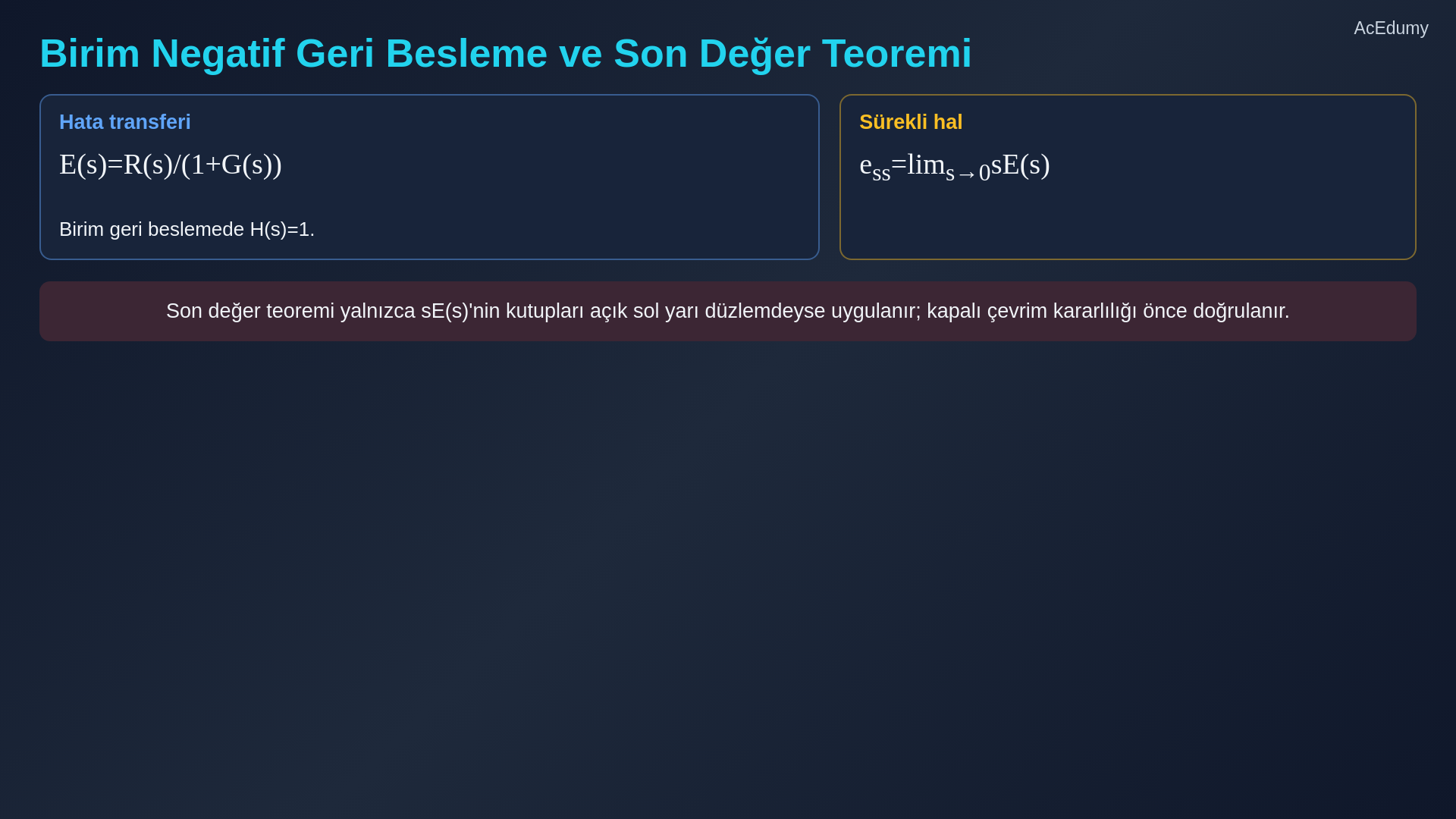 Basamak, rampa ve parabol girişleri için sistem tipi ile sürekli-hal hatası ilişkisini gösteren ders karesi.