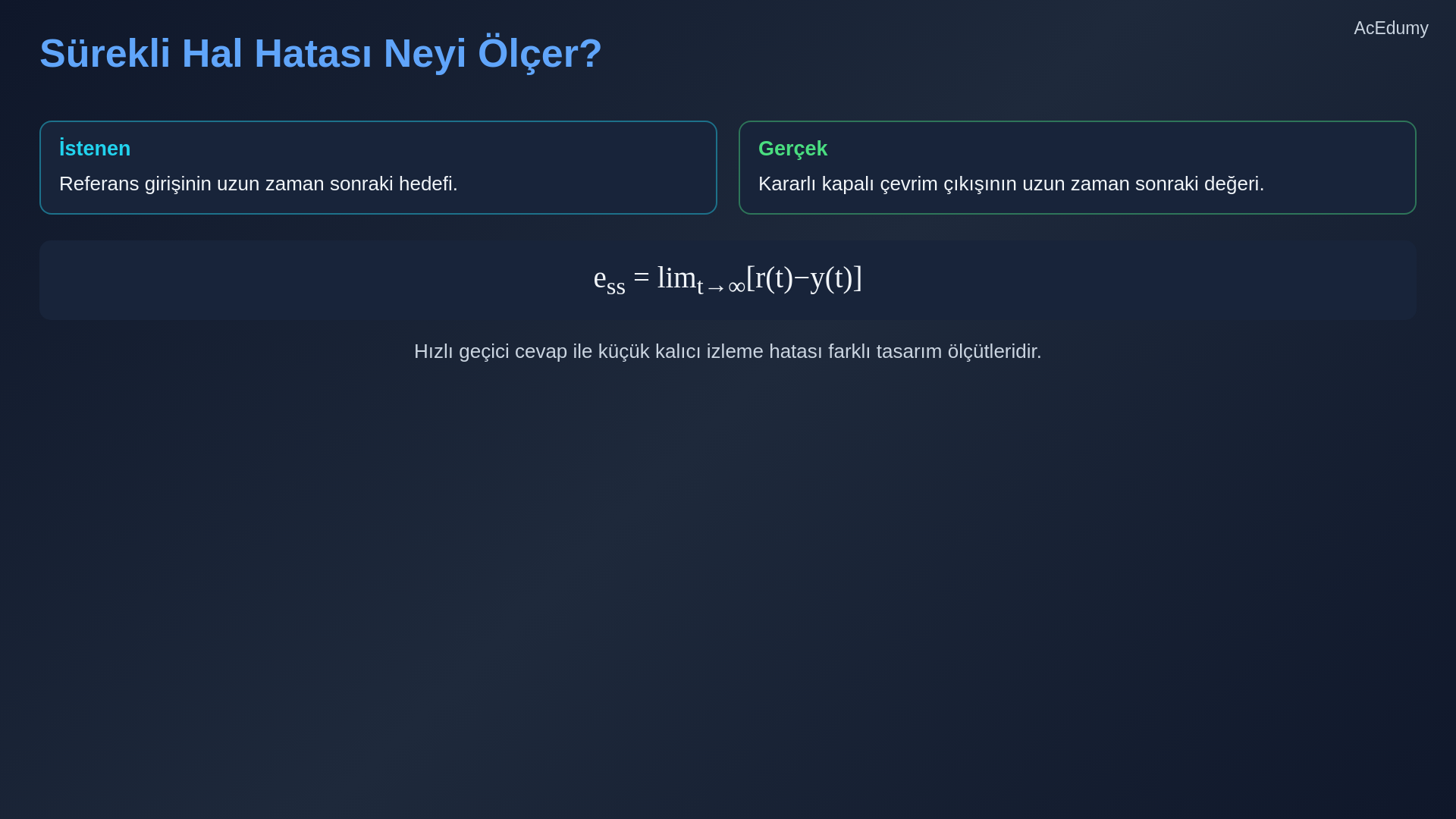 Basamak, rampa ve parabol girişleri için sistem tipi ile sürekli-hal hatası ilişkisini gösteren ders karesi.
