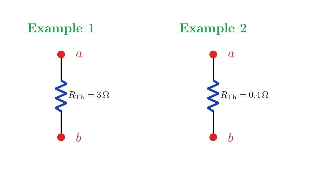 The 3 Ω and 0.4 Ω equivalent resistances of the two examples.