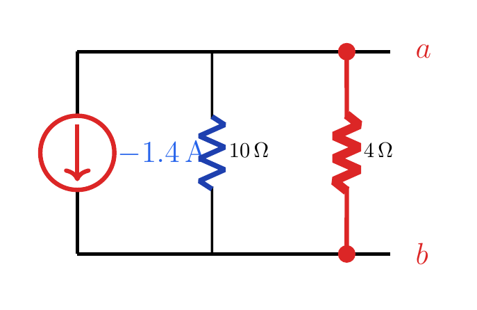 The −1.4 A, parallel 10 Ω Norton equivalent connected to the 4 Ω load.