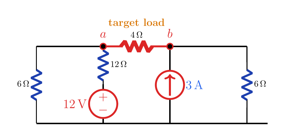 Original circuit with a 4 Ω load between a-b and independent 12 V and 3 A sources.