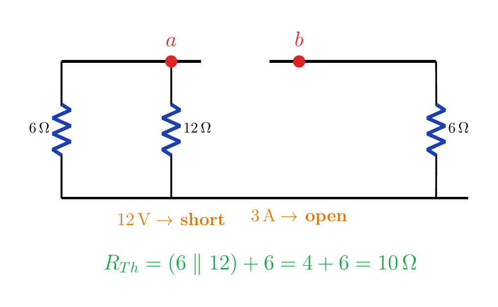 R_Th network after shorting the 12 V source and opening the 3 A source.