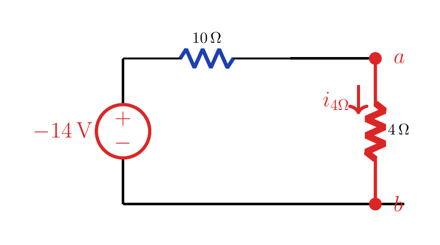 The −14 V, series 10 Ω Thevenin equivalent connected to the 4 Ω load.