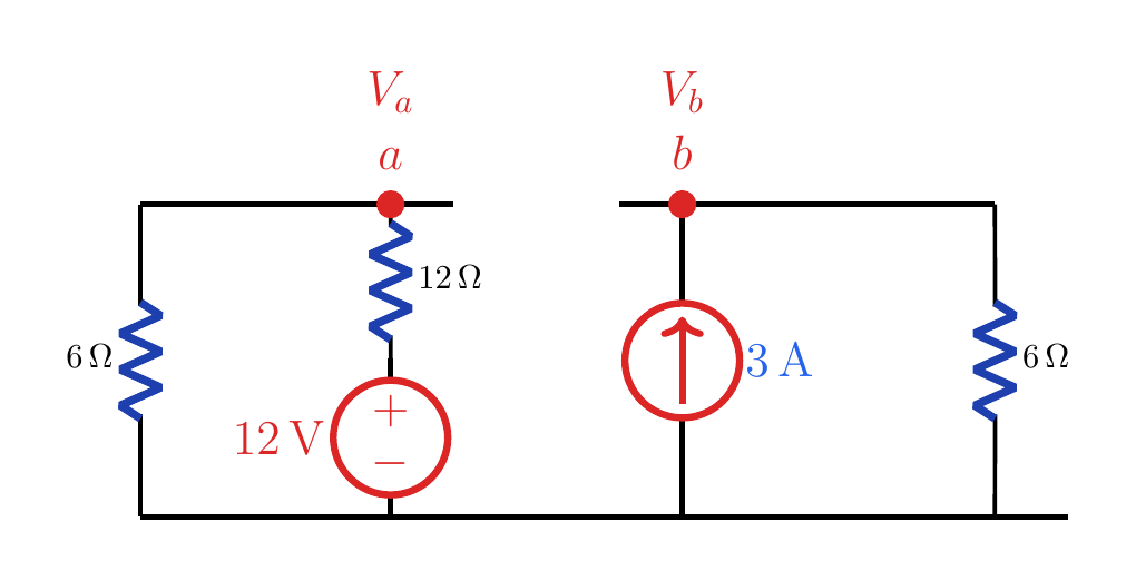 Nodes V_a and V_b with the sources active and a-b open.
