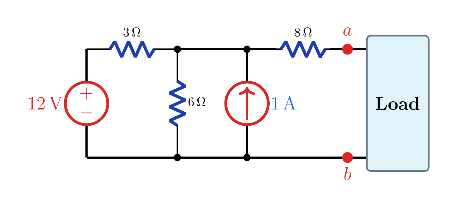 12 V ve 1 A bağımsız kaynaklarıyla 3 Ω, 6 Ω ve 8 Ω dirençlerini içeren birinci devre.