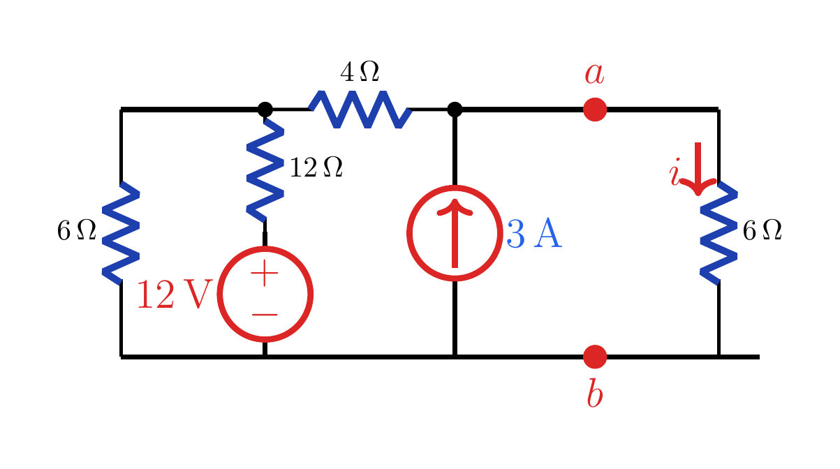 12 V ve 3 A kaynaklarıyla 6 Ω yük içeren ikinci devre.