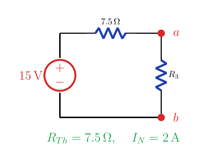 R_3 yükünü besleyen 15 V seri 7.5 Ω Thevenin eşdeğeri.
