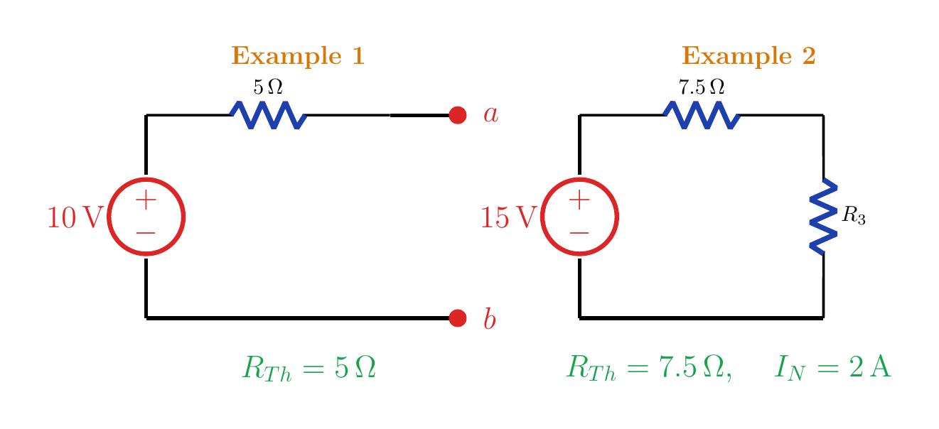 The 10 V series 5 Ω Thevenin equivalent for example 1 and the 15 V series 7.5 Ω equivalent for example 2.