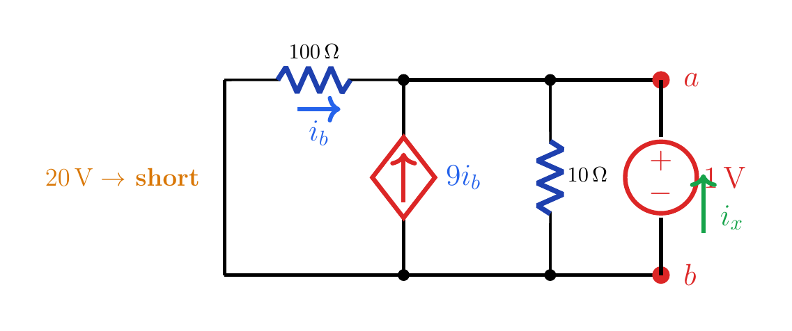 First circuit after shorting the 20 V source and connecting a 1 V test source at a-b with its positive terminal at a.