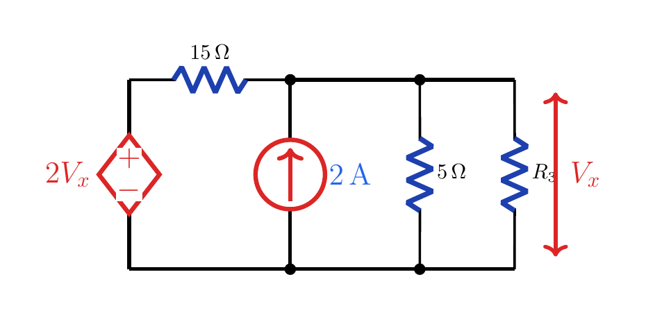 Second circuit with a 2V_x dependent voltage source, 15 Ω, a 2 A current source, 5 Ω, and load R_3.