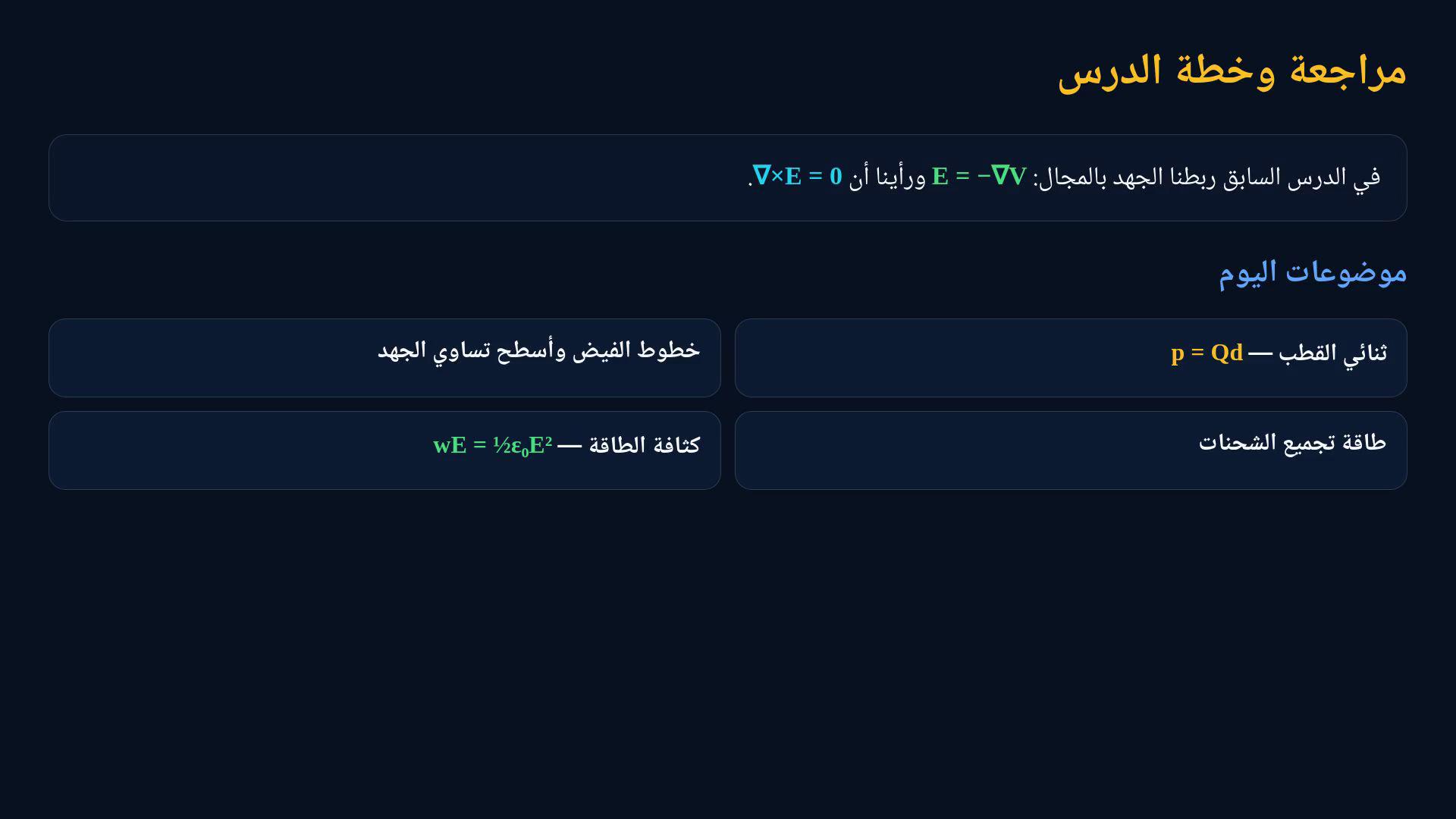 لقطة درس تعرض ثنائي القطب الكهربائي وأسطح تساوي الجهد وعلاقات كثافة الطاقة الكهروستاتيكية.