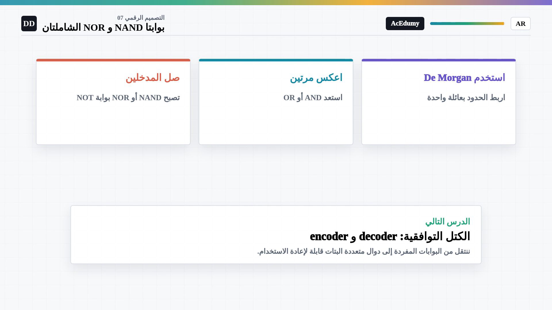 إطار كامل من الفيديو العربي الأصلي يعرض بناء العاكس أو العكس المزدوج أو شبكة NAND الثلاثية أو جدول الحقيقة الكامل.